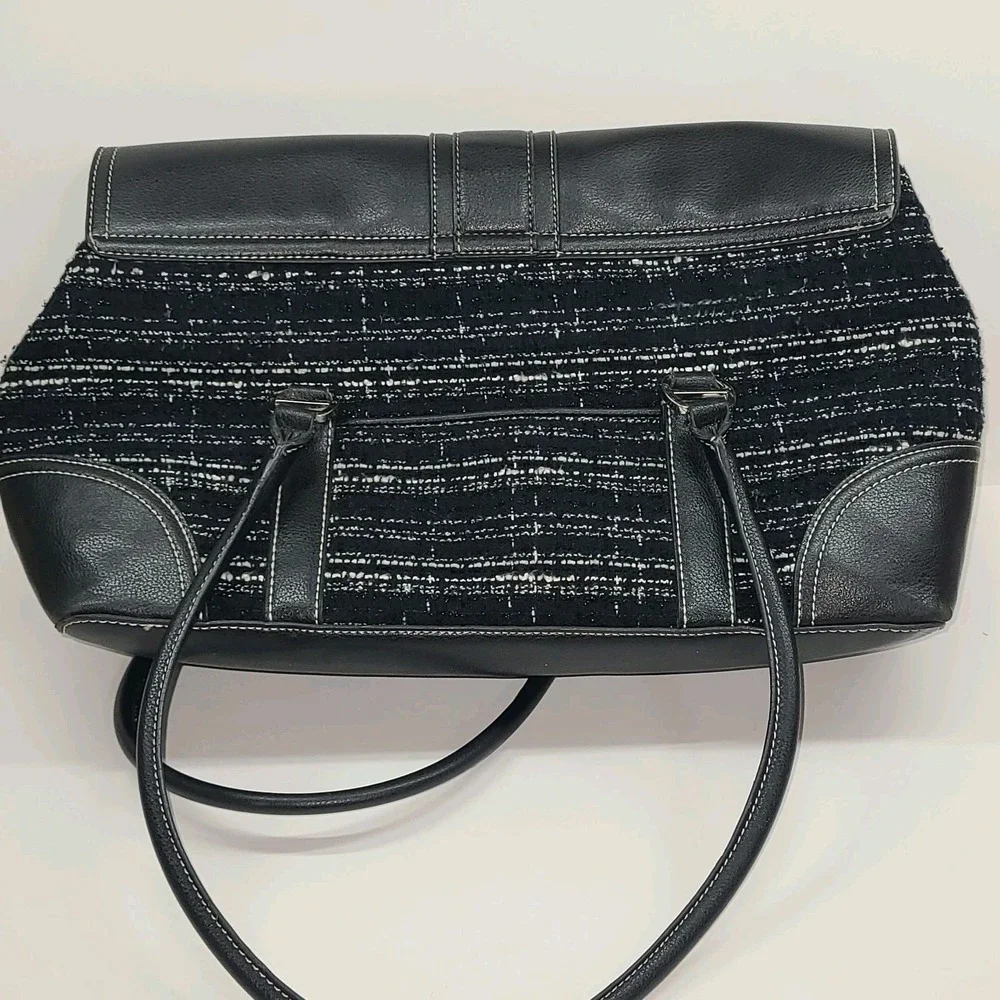 Vtg Liz Claiborne Satchel Purse – Black Faux Leather & Tweed – Pink Lining
